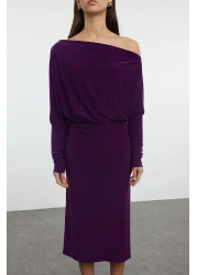  Collection Stretchy Midi Length Knitted Dress - Purple, Asymmetric Single Sleeve and Waist Seat TWOAW25EL00110