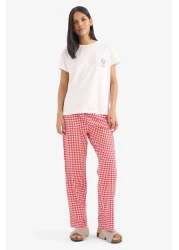 Defacto طقم بيجامة بأكمام قصيرة، علوي مرن، مربعات، قاع طويل، Fall In Love E4822ax25sp