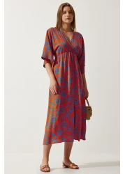 Happiness İstanbul Women's Orange Blue Wraped Collar Patterned Summer Viscose Dress DK00166