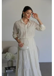 Julidress فستان طويل مميز مطرز باللون الكريمي مع خصر مطاطي