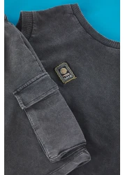 TRENDYOLKIDS Boy's Anthracite Cotton Tank Top Shorts Set - Antique/Slat Effect Tkdss25Au00026