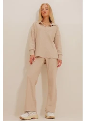 Trend Alaçatı Stili Women's Beige Polo Collar Top and Palazzon Trousers Knitwear Bottom Top Set ALC-796-001