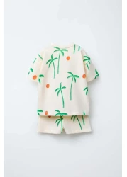 Magu Unisex Kids Cotton Ecru Palm Patterned T-Shirt and Shorts Set