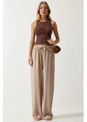Happiness İstanbul Women's Beige Summer Viscose Palazzo Trousers EN00610