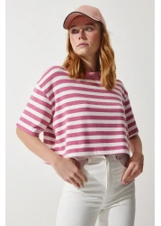Happiness İstanbul Women's Dried Rose Crew Neck Striped Crop Knitted T-Shirt CR00427