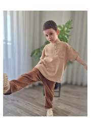 BALKABAĞI طقم قميص وبنطلون موسلين بني مرير - 2-8 سنوات MTYE0059