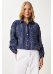 Happiness İstanbul Navy Blue Thin Striped Women's Crop Linen Shirt - Dm00140