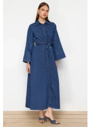  Collection Dark Blue Belted Maxi Modest Denim Shirt Dress Twoss24El00923