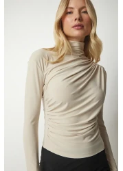 Happiness İstanbul Women's Cream Gathering Detailed High Collar Sandy Blouse FF00135