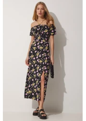 Happiness İstanbul Women's Black Floral Gathered Collar Summer Long Viscose Dress DK00143