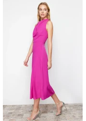  Collection Pink Degaje Neck Skirt Cut Detail Midi Woven Dress TWOSS24EL00390
