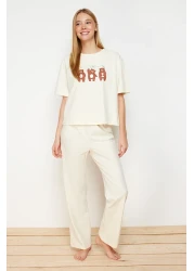  Collection Beige 100% Cotton Teddy Bear Pajama Set - T-Shirt and Pants Thmss23Pt00134