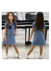 yns coolstar New Season Girl's Pocket Front Button Short Sleeve Cotton Denim Jeans Dress