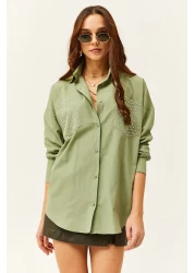 Olalook Women's Mold Green Oversize Shirt with Staple Pocket Detail GML-19001167