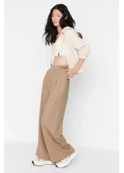  Collection Beige Print Detailed Wide Leg/Relaxed Cut Asymmetrical Waist Knitted Trousers TWOAW23PL00389