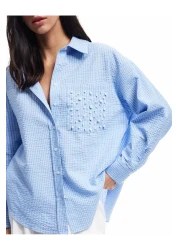 Koton Long Sleeve Textured Pearl Embroidery Detailed Oversize Shirt with Pockets
