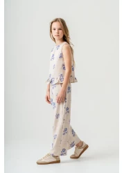 Magu طقم بلوزة وبنطلون من الكتان والبوبلين منقوشة بالزهور من إكرو للفتيات