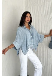 FEMELLE قميص بونشو من قماش الدنيم باللون الأزرق مقاس قياسي للنساء