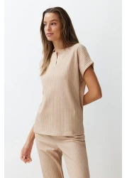  Collection Beige Corded Collar Detailed Knitted Pajamas Set THMSS24PT00234