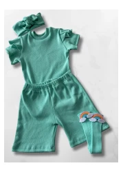 özge başaran طقم بناتي من Mint مكون من 4 قطع - شورت مكشكش، تي شيرت، جوارب، شريط