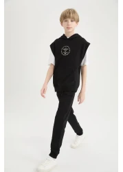 Defacto Boys' 3-Piece Set - Hooded, Sleeveless and Printed Sweatshirt, Short Sleeve T-Shirt, Elastic Waist Leg Sweat
