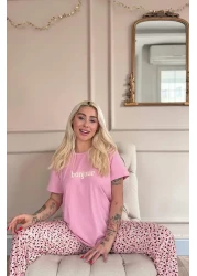 Pijamaevi Pink Bonjour Patterned Short Sleeve Knitted Women's Pajamas Set