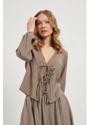 Arma Life بلوزة نسائية قصيرة من فرو المنك بأكمام طويلة ورباط