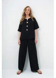 Trend Alaçatı Stili Women's Black V-Neck Metal Gold Button Detail Aerobin Blouse and Pant Bottom Top Suit Alc-X14122