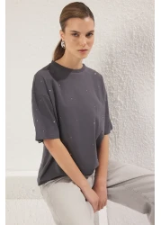  Collection Anthracite 100% Cotton Stone Detailed Relaxed/Wide Relaxed Fit Crew Neck Knitted T-Shirt Twoss23Ts00153