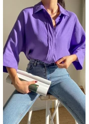 FEMELLE Women's Purple Hidden Button Wide Bat Sleeve Loose Fit Oversize Shirt 50% Viscose 50% Cotton
