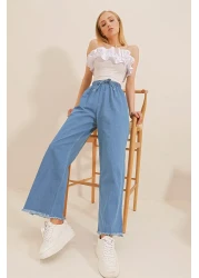 Trend Alaçatı Stili Women's Dark Blue Tasseled High Waist Palazzo Jean Trousers ALC-X8930