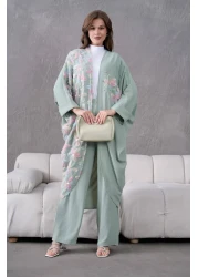 Miss Allos طقم كيمونو نسائي من الكتان مع تفاصيل حجرية مطرزة بالزهور من التول في الأمام وبنطلون سفلي