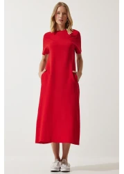 Happiness İstanbul Women's Red A-line Summer Combed Cotton Dress UB00060