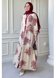 InStyle Colorful Long Piping Detail Burgundy Viscose Dress