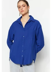  Collection Navy Blue Single Pocket Boyfriend/Wide Fit Cotton Woven Shirt TWOAW20GO0115