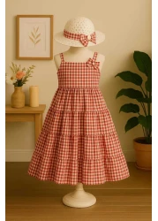 Midani Store طقم فستان بناتي صيفي مع قبعة من القش - نمط منقوش (4-10) سنوات