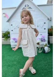 Minipodyum Baby Girl Collar Embroidered Bag Holiday Linen Dress