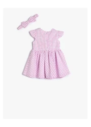 Koton فستان وعصابة رأس وأكمام قصيرة وتطريز زهور ورقبة دائرية ومبطن بالقطن