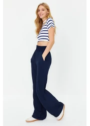  Collection Navy Blue Wide Leg / Wide Ankle Waist Elastic Woven Trousers TWOSS22PL00024
