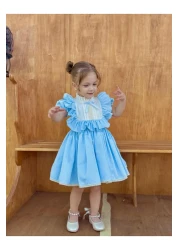 Linarookids Vintage Baby Girl Dress with Laurel Blue Bow, Birthday Dress, Photo Shoot Dress, Suitable for 0-7 Years Old