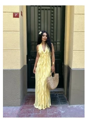 moneta boutique Women's Ruffled Long Halter Design Dress