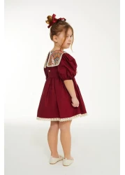 Elidabutik Ethnic Pattern Collar Detailed Burgundy Dress