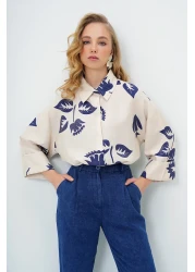 Trend Alaçatı Stili Women's Navy Blue-Beige Double Cuffed Leaf Patterned Woven Shirt Alc-X13785