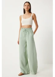 Happiness İstanbul Green Linen Viscose Women's Palazzo Trousers - FN03287