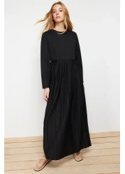  Modest Black Skirt Pleated Scuba Knitted Dress TCTAW24EL00000