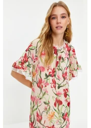  Modest Ecru Chiffon Evening Dress - Floral Pattern, TCTSS24EB00007