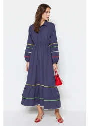  Modest Navy Blue Stripe Detailed Half Placket Cotton Woven Dress TCTSS23EB00302