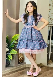 Riccotarz Girl's Chest and Shoulders Ruffle Lace Embroidered Dress with Flower Detail