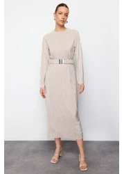  Modest Gold Knitted Dress - Belt and Pleated, TCTSS24EB00154