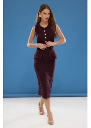  Collection Burgundy Button Detailed Vest-Skirt Knitwear Bottom-Top Suit Twoss25Au00051